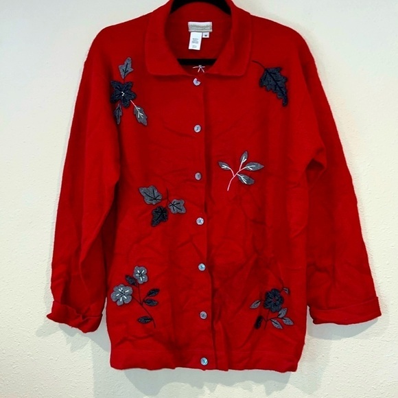 Coldwater Creek hong kong Red Wool Embroidered Button cardigan sweater Top M - Picture 1 of 5